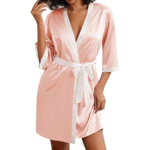 imageEkouaer Womens Satin Robes Silk Kimono Bathrobe 34 Sleeve Bridal Bridesmaids Robes Soft Silky Sleepwear SXXLPastel Pink
