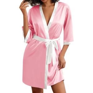 imageEkouaer Womens Satin Robes Silk Kimono Bathrobe 34 Sleeve Bridal Bridesmaids Robes Soft Silky Sleepwear SXXLPink