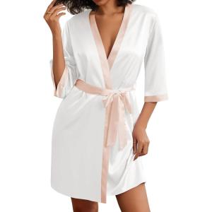 imageEkouaer Womens Satin Robes Silk Kimono Bathrobe 34 Sleeve Bridal Bridesmaids Robes Soft Silky Sleepwear SXXLWhite