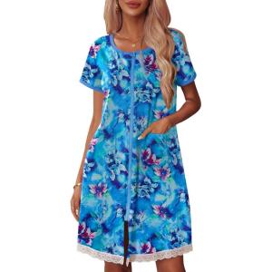 imageEkouaer Womens Zipper Front Housecoats Short Sleeve Bathrobes Lace Trim Nightgown with PocketsBlue Floral