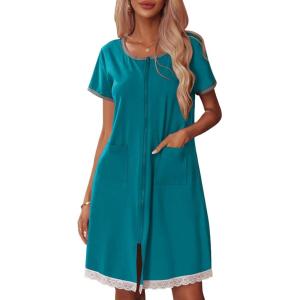 imageEkouaer Womens Zipper Front Housecoats Short Sleeve Bathrobes Lace Trim Nightgown with PocketsBlue Green