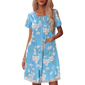 imageEkouaer Womens Zipper Front Housecoats Short Sleeve Bathrobes Lace Trim Nightgown with PocketsBlue White Floral