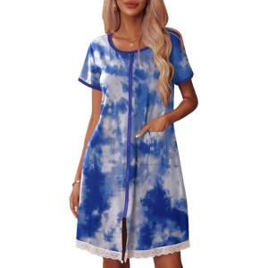 imageEkouaer Womens Zipper Front Housecoats Short Sleeve Bathrobes Lace Trim Nightgown with PocketsBlue White Tie Dye