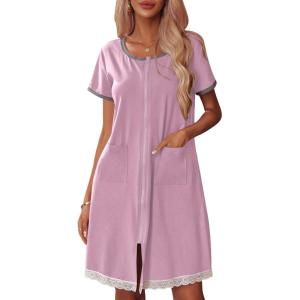 imageEkouaer Womens Zipper Front Housecoats Short Sleeve Bathrobes Lace Trim Nightgown with PocketsLavender