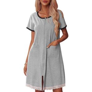 imageEkouaer Womens Zipper Front Housecoats Short Sleeve Bathrobes Lace Trim Nightgown with PocketsLight Gray