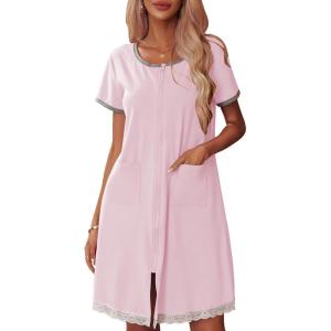 imageEkouaer Womens Zipper Front Housecoats Short Sleeve Bathrobes Lace Trim Nightgown with PocketsMisty Rose