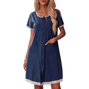 imageEkouaer Womens Zipper Front Housecoats Short Sleeve Bathrobes Lace Trim Nightgown with PocketsNavy Blue