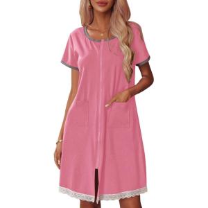 imageEkouaer Womens Zipper Front Housecoats Short Sleeve Bathrobes Lace Trim Nightgown with PocketsPink