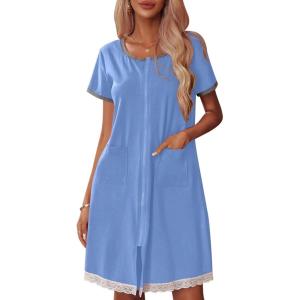 imageEkouaer Womens Zipper Front Housecoats Short Sleeve Bathrobes Lace Trim Nightgown with PocketsSky Blue