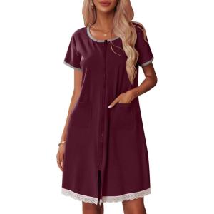 imageEkouaer Womens Zipper Front Housecoats Short Sleeve Bathrobes Lace Trim Nightgown with PocketsWine Red