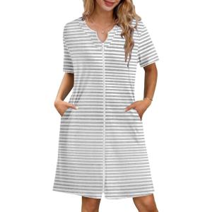 imageEkouaer Zipper Robes for Women Knee Length Bathrobe Lightweight Housecoat Short Sleeve Nightgown with Pockets S3XLGray White Stripes