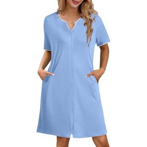 imageEkouaer Zipper Robes for Women Knee Length Bathrobe Lightweight Housecoat Short Sleeve Nightgown with Pockets S3XLLight Blue