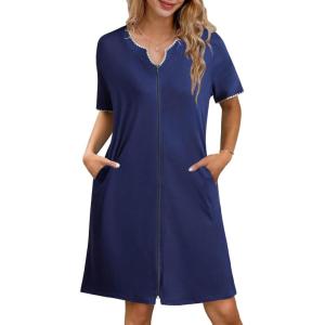 imageEkouaer Zipper Robes for Women Knee Length Bathrobe Lightweight Housecoat Short Sleeve Nightgown with Pockets S3XLNavy Blue