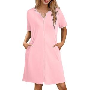 imageEkouaer Zipper Robes for Women Knee Length Bathrobe Lightweight Housecoat Short Sleeve Nightgown with Pockets S3XLPink