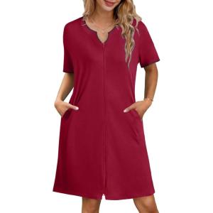 imageEkouaer Zipper Robes for Women Knee Length Bathrobe Lightweight Housecoat Short Sleeve Nightgown with Pockets S3XLWine Red With Black