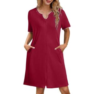 imageEkouaer Zipper Robes for Women Knee Length Bathrobe Lightweight Housecoat Short Sleeve Nightgown with Pockets S3XLWine Red With Pink