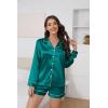 imageEkouaer Silk Pajamas for Women Satin Pajama Set Shorts and Top Long Sleeve Silky PJ Soft Loungewear Sleepwear Button DownBlue Green