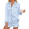 imageEkouaer Silk Pajamas for Women Satin Pajama Set Shorts and Top Long Sleeve Silky PJ Soft Loungewear Sleepwear Button DownBlue Stripe