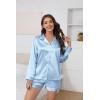 imageEkouaer Silk Pajamas for Women Satin Pajama Set Shorts and Top Long Sleeve Silky PJ Soft Loungewear Sleepwear Button DownClear Blue