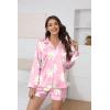 imageEkouaer Silk Pajamas for Women Satin Pajama Set Shorts and Top Long Sleeve Silky PJ Soft Loungewear Sleepwear Button DownLarge Flowerpink and White