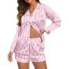 imageEkouaer Silk Pajamas for Women Satin Pajama Set Shorts and Top Long Sleeve Silky PJ Soft Loungewear Sleepwear Button DownVertical Stripespink