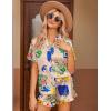 imageEkouaer Womens Silk Pajamas Button Down 2 Piece Satin Pjs Shorts Set Ruffle Lingerie Notch Collar SleepwearPattern2queen Picasso Khaki