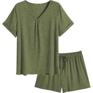imageEkouaer Pajamas Set Womens Short Sleeve Loungewear 2 Piece PJ Shorts Sets Soft Sleepwear with Pockets SXXLArmy Green