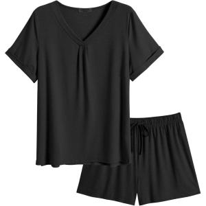 imageEkouaer Pajamas Set Womens Short Sleeve Loungewear 2 Piece PJ Shorts Sets Soft Sleepwear with Pockets SXXLBlack