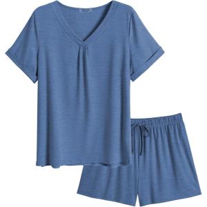 imageEkouaer Pajamas Set Womens Short Sleeve Loungewear 2 Piece PJ Shorts Sets Soft Sleepwear with Pockets SXXLBlue