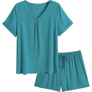 imageEkouaer Pajamas Set Womens Short Sleeve Loungewear 2 Piece PJ Shorts Sets Soft Sleepwear with Pockets SXXLBlue Green