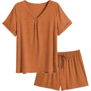 imageEkouaer Pajamas Set Womens Short Sleeve Loungewear 2 Piece PJ Shorts Sets Soft Sleepwear with Pockets SXXLClay