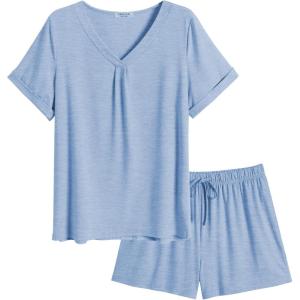 imageEkouaer Pajamas Set Womens Short Sleeve Loungewear 2 Piece PJ Shorts Sets Soft Sleepwear with Pockets SXXLClear Blue