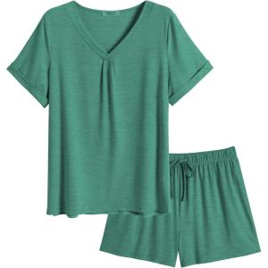 imageEkouaer Pajamas Set Womens Short Sleeve Loungewear 2 Piece PJ Shorts Sets Soft Sleepwear with Pockets SXXLGreen