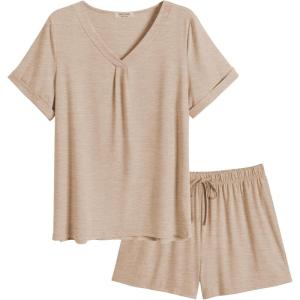 imageEkouaer Pajamas Set Womens Short Sleeve Loungewear 2 Piece PJ Shorts Sets Soft Sleepwear with Pockets SXXLKhika