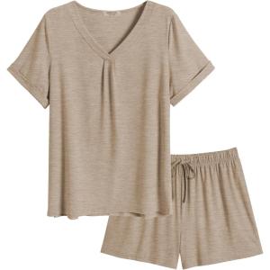 imageEkouaer Pajamas Set Womens Short Sleeve Loungewear 2 Piece PJ Shorts Sets Soft Sleepwear with Pockets SXXLLight Gray