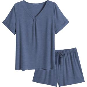 imageEkouaer Pajamas Set Womens Short Sleeve Loungewear 2 Piece PJ Shorts Sets Soft Sleepwear with Pockets SXXLNavy Blue