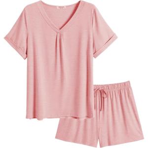 imageEkouaer Pajamas Set Womens Short Sleeve Loungewear 2 Piece PJ Shorts Sets Soft Sleepwear with Pockets SXXLPink