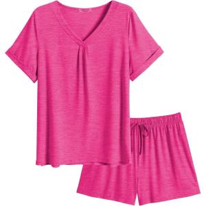 imageEkouaer Pajamas Set Womens Short Sleeve Loungewear 2 Piece PJ Shorts Sets Soft Sleepwear with Pockets SXXLRose Red