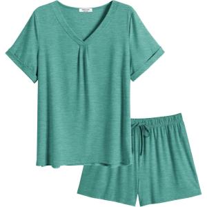 imageEkouaer Pajamas Set Womens Short Sleeve Loungewear 2 Piece PJ Shorts Sets Soft Sleepwear with Pockets SXXLSage Green