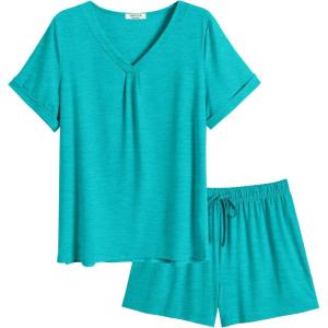 imageEkouaer Pajamas Set Womens Short Sleeve Loungewear 2 Piece PJ Shorts Sets Soft Sleepwear with Pockets SXXLTurquoise