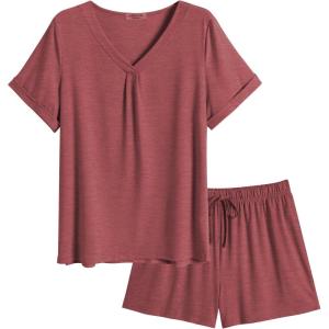 imageEkouaer Pajamas Set Womens Short Sleeve Loungewear 2 Piece PJ Shorts Sets Soft Sleepwear with Pockets SXXLWine