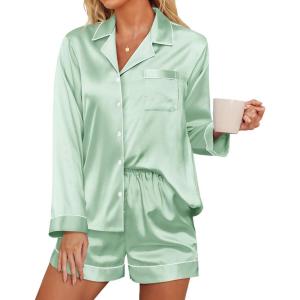 imageEkouaer Silk Pajamas for Women Satin Pajama Set Shorts and Top Long Sleeve Silky PJ Soft Loungewear Sleepwear Button DownAqua Green
