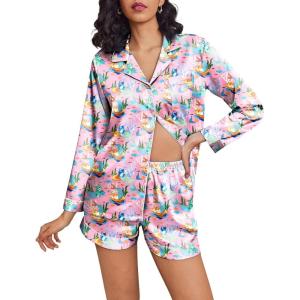 imageEkouaer Silk Pajamas for Women Satin Pajama Set Shorts and Top Long Sleeve Silky PJ Soft Loungewear Sleepwear Button DownCat Mermaid