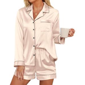 imageEkouaer Silk Pajamas for Women Satin Pajama Set Shorts and Top Long Sleeve Silky PJ Soft Loungewear Sleepwear Button DownChampagne