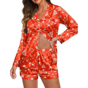 imageEkouaer Silk Pajamas for Women Satin Pajama Set Shorts and Top Long Sleeve Silky PJ Soft Loungewear Sleepwear Button DownChristmas Treered