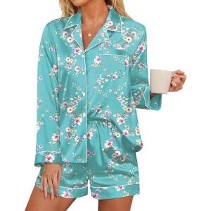 imageEkouaer Silk Pajamas for Women Satin Pajama Set Shorts and Top Long Sleeve Silky PJ Soft Loungewear Sleepwear Button DownFlowerswater Green