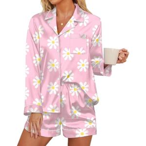 imageEkouaer Silk Pajamas for Women Satin Pajama Set Shorts and Top Long Sleeve Silky PJ Soft Loungewear Sleepwear Button DownLarge Flowerpink and White