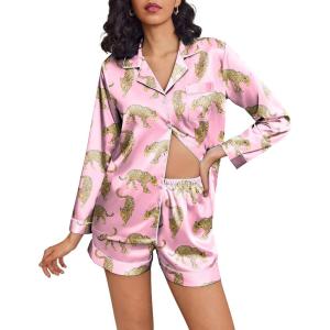 imageEkouaer Silk Pajamas for Women Satin Pajama Set Shorts and Top Long Sleeve Silky PJ Soft Loungewear Sleepwear Button DownLeopard