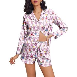 imageEkouaer Silk Pajamas for Women Satin Pajama Set Shorts and Top Long Sleeve Silky PJ Soft Loungewear Sleepwear Button DownMonkey