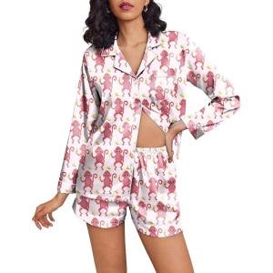 imageEkouaer Silk Pajamas for Women Satin Pajama Set Shorts and Top Long Sleeve Silky PJ Soft Loungewear Sleepwear Button DownMonkey Banana